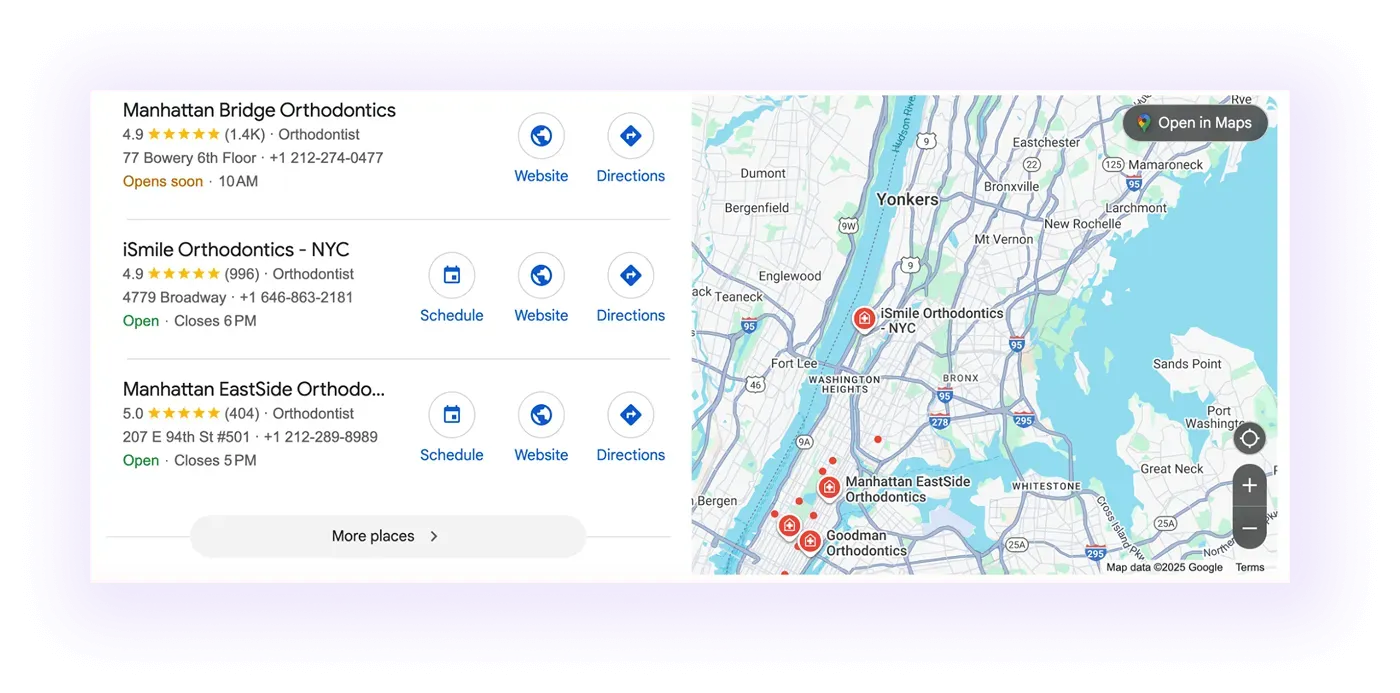 orthodontic clinics' Google Business Profiles showing up on Google Maps