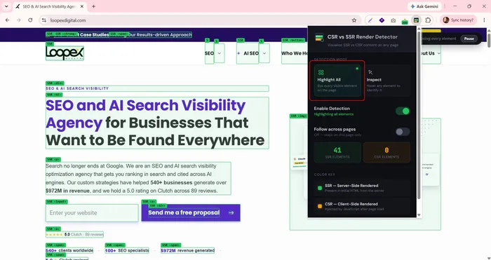 CSR vs SSR Render Detector Chrome extension highlighting SSR and CSR page elements