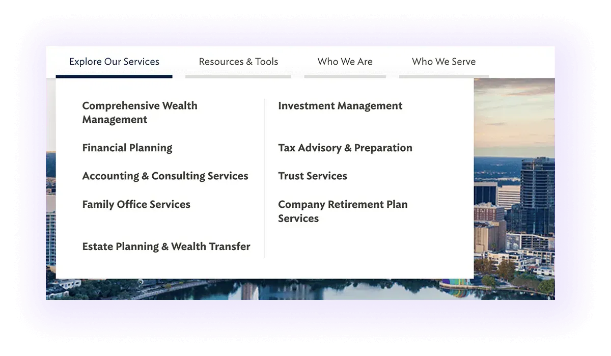 financial business website with services menu linking to sub-services