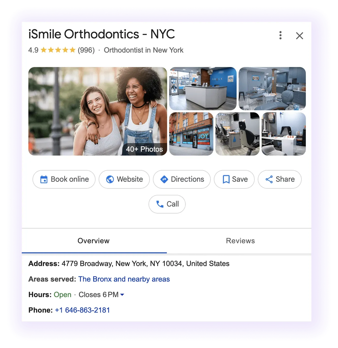 Google Business Profile overview and NAP example for an orthodontic clinic GMB