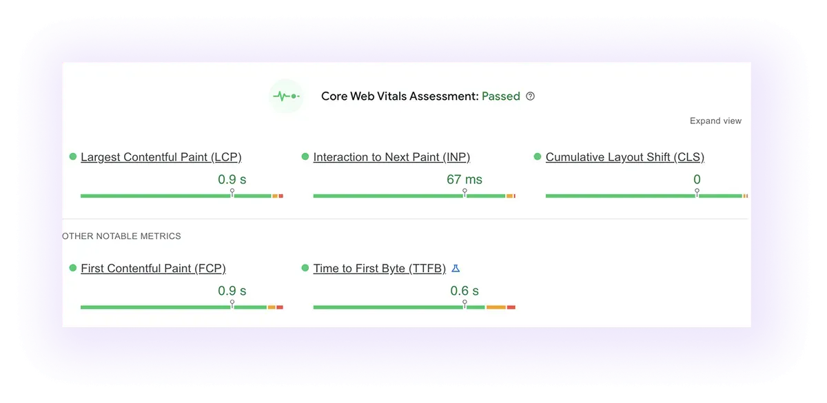 Core Web Vitals assessment passes result for optometry website