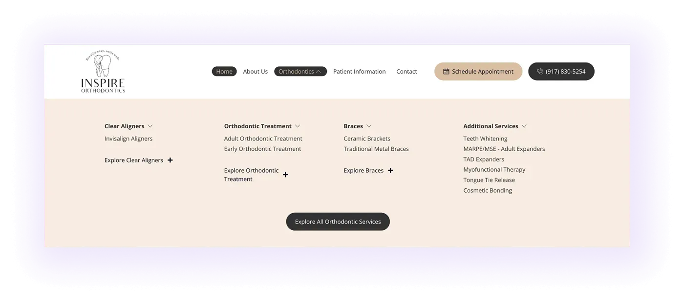 healthcare provider website navigation bar with primary “orthodontics” tab listing all service categories