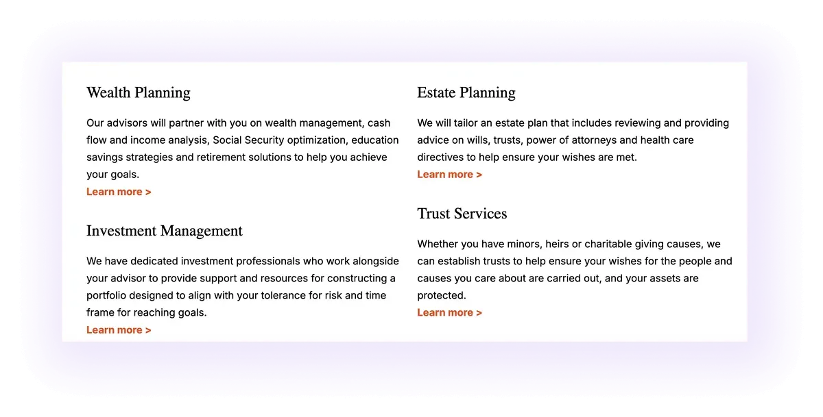 example of service-to-service linking section on a financial advising services website