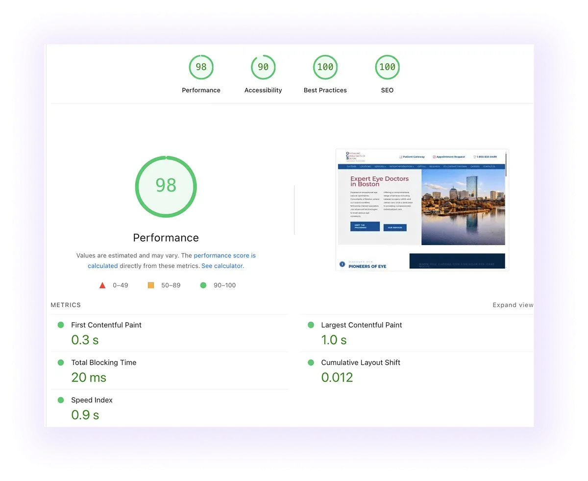 performance score and core web vitals of optometry website