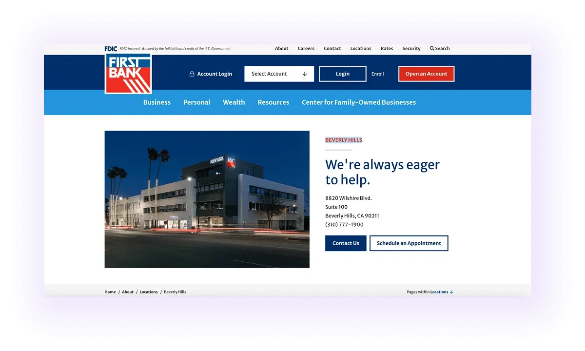 example of a local keyword used in an Beverly Hills-focused national bank's website's location page