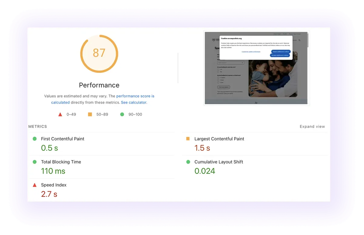 performance score and core web vitals of a healthcare company website