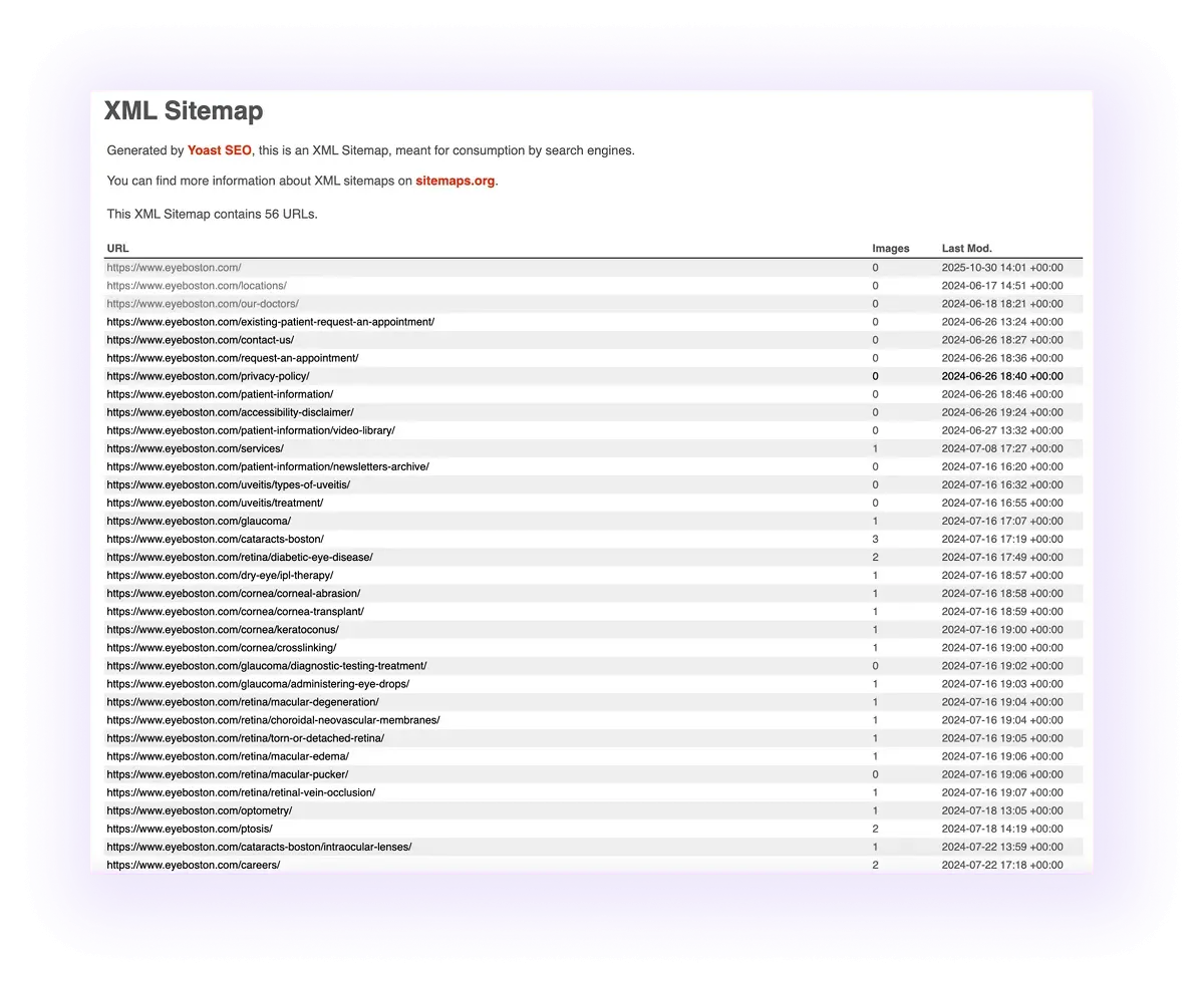 example of an optimized XML sitemap for optometry website