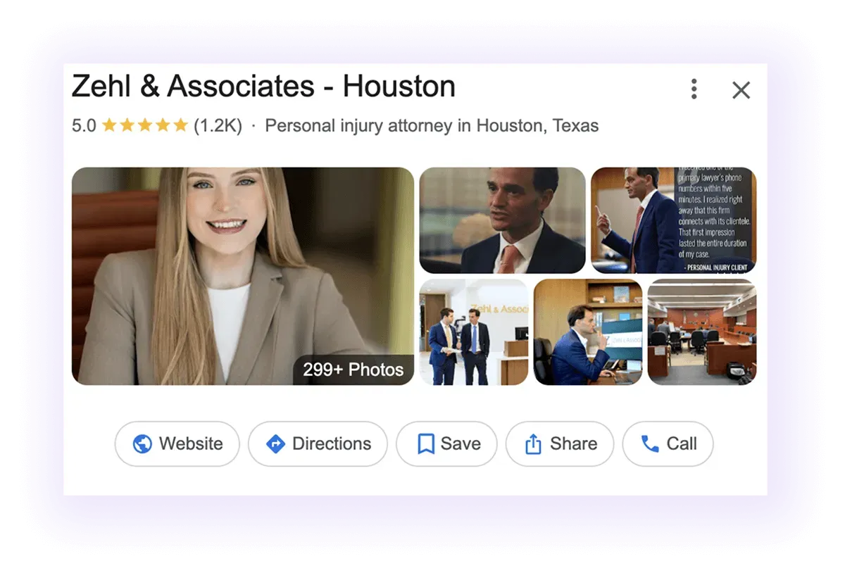 Google Business Profile overview example for a law firm GMB listing