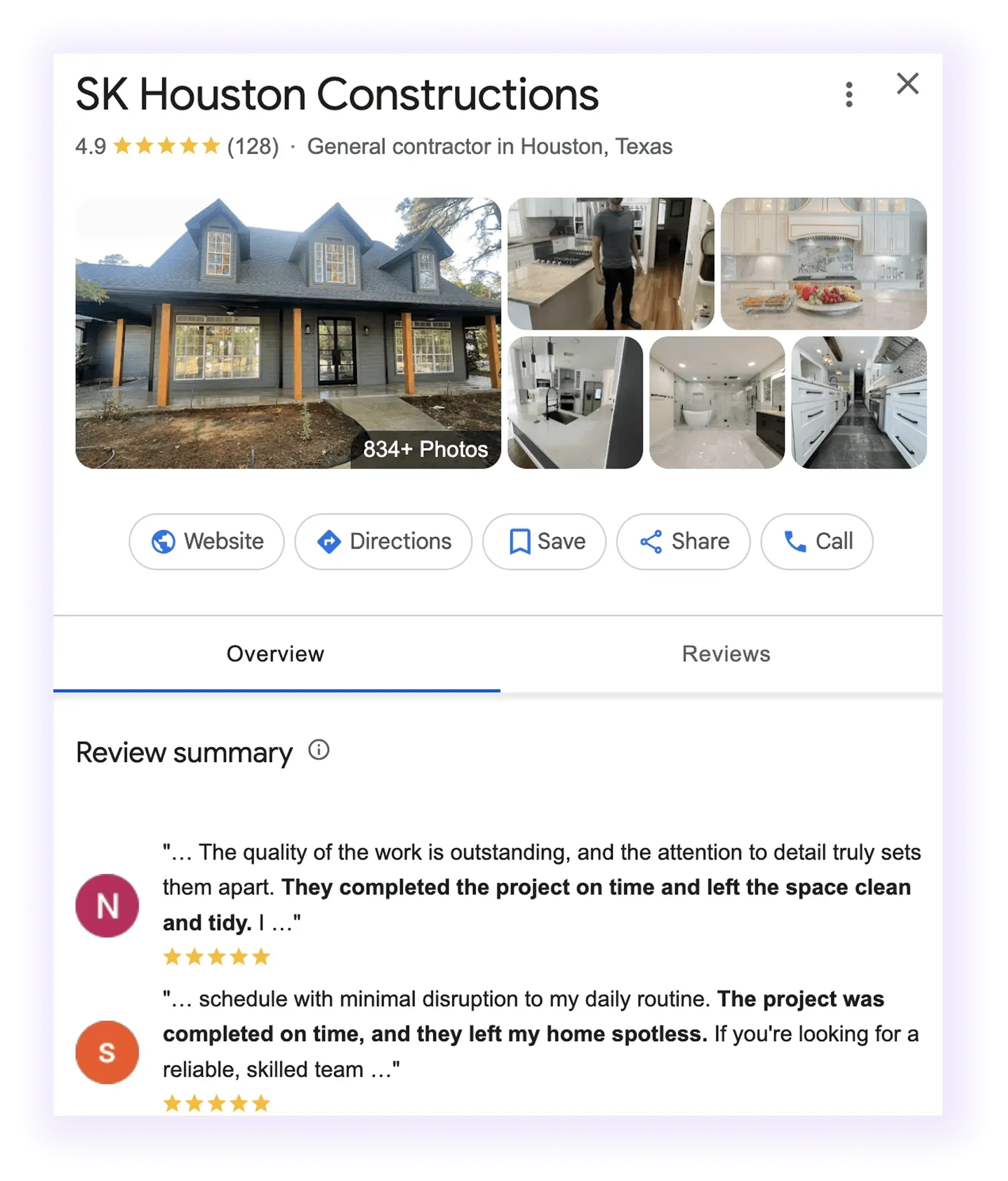 Google Business Profile overview example for a home builder company