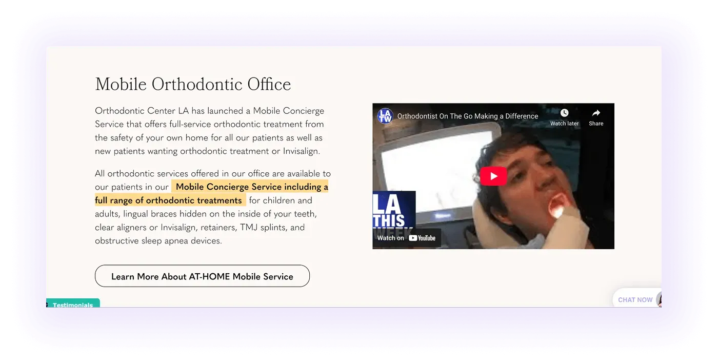 mobile orthodontic services block on an orthodontic clinic website