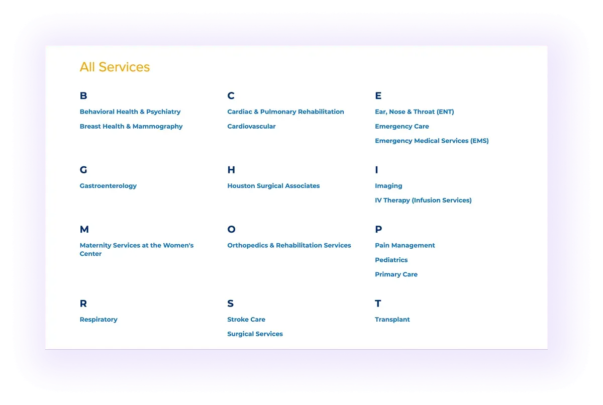 services overview page with listed services on a healthcare provider website