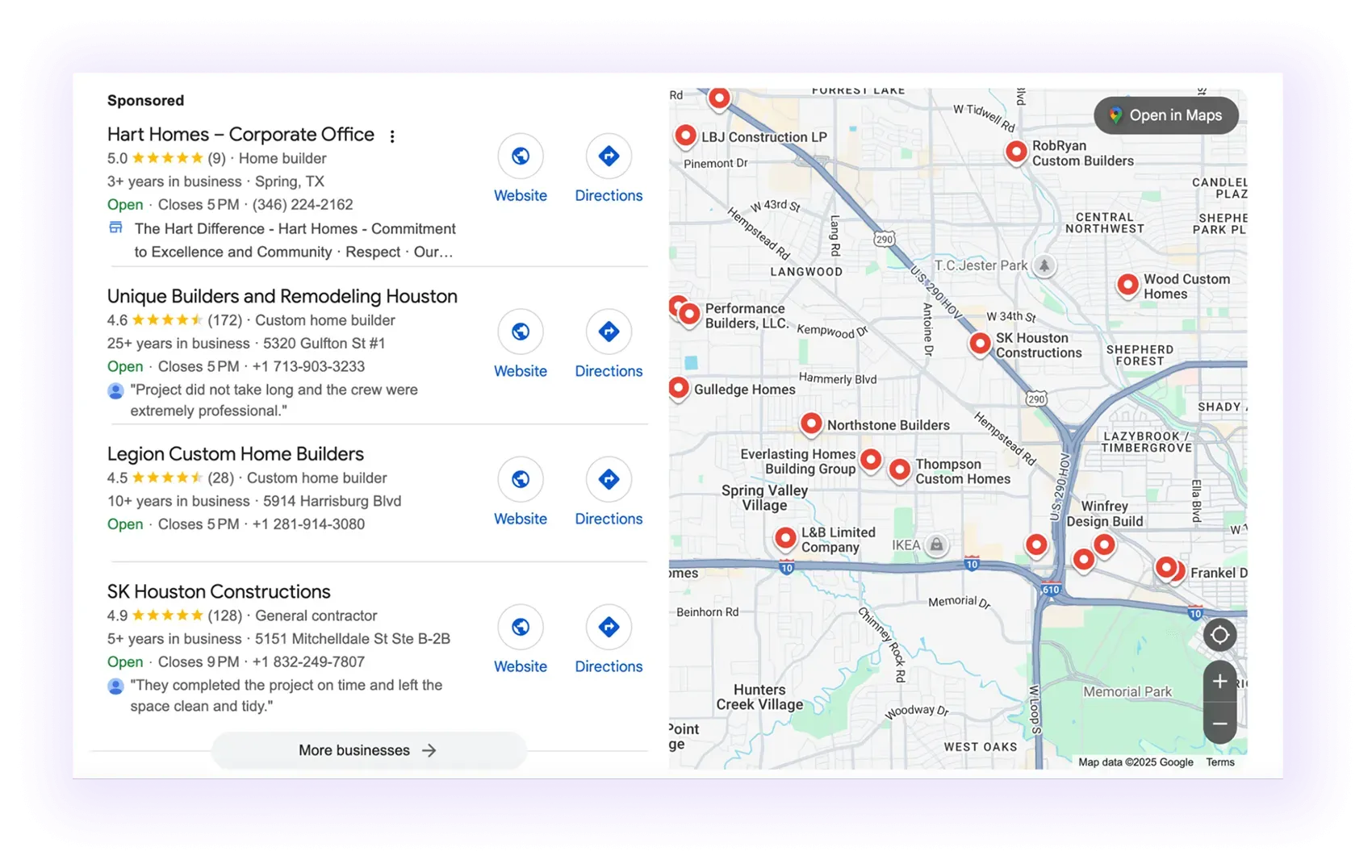 Home builder companies' Google Business Profiles showing up in a map
