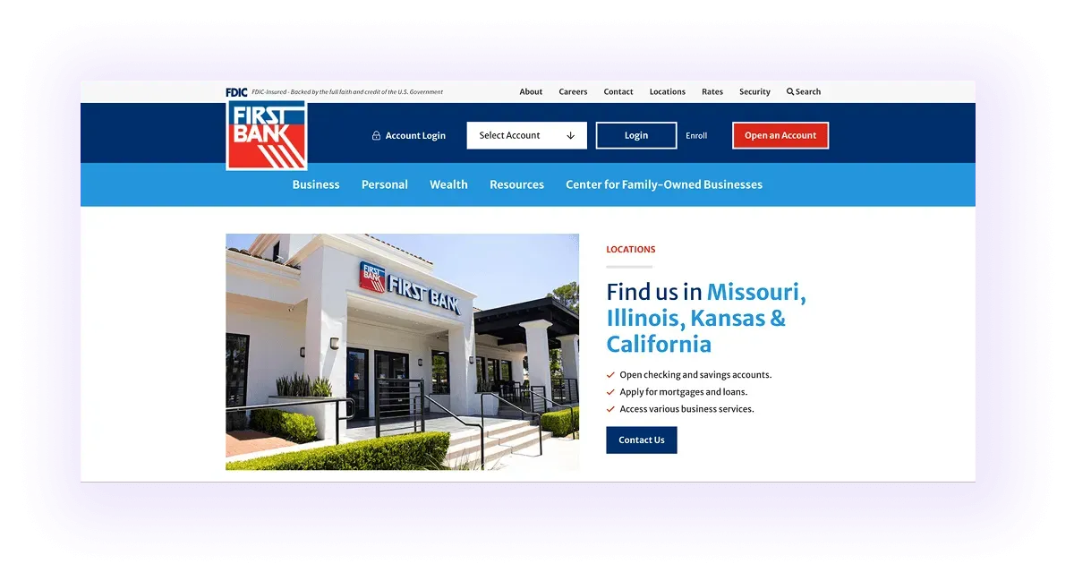 local banking services website using locational keywords in the hero section of the homepage