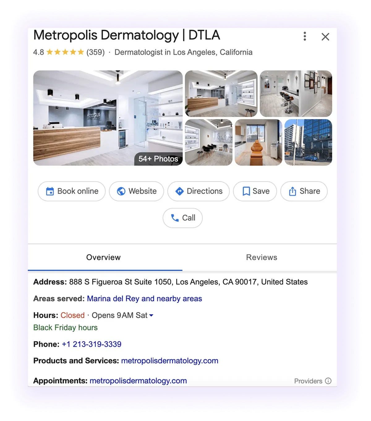 Google Business Profile overview and NAP example for a dermatology GMB listing