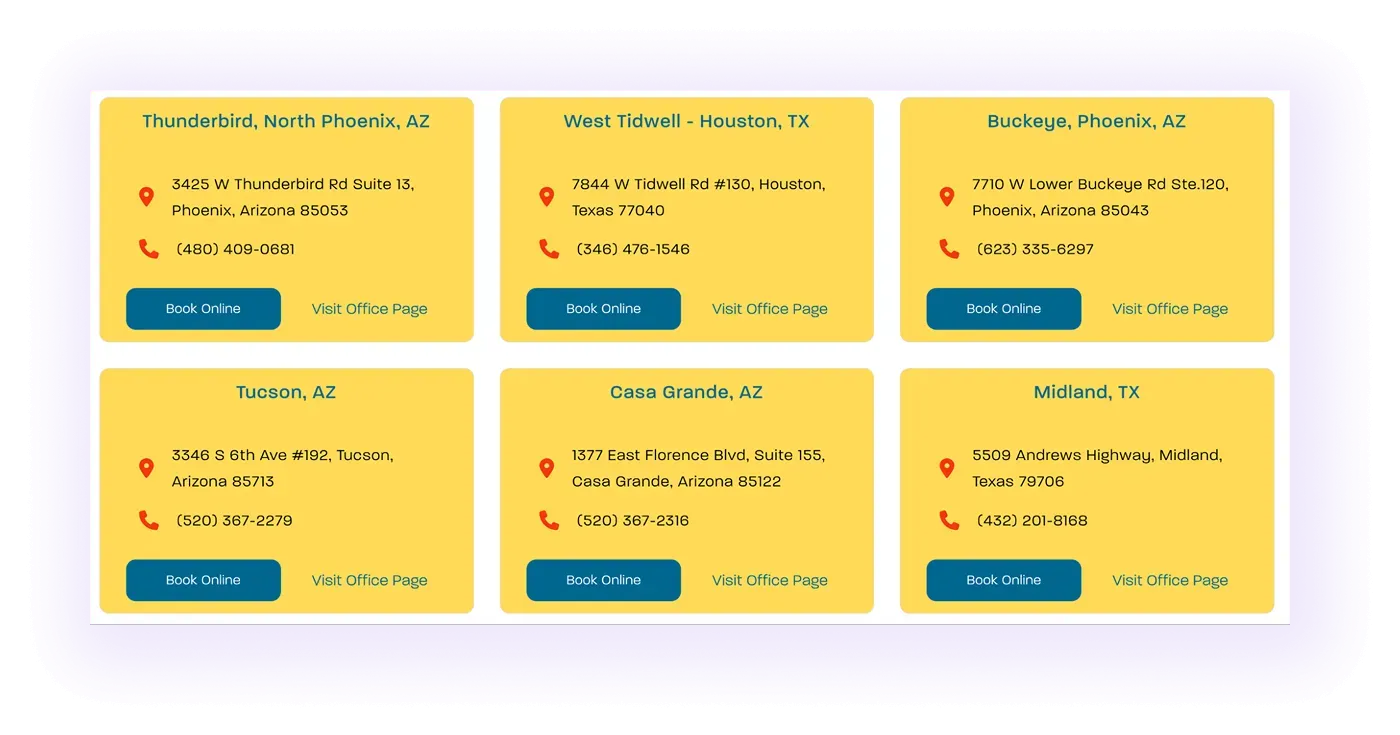 example of a location hub page on an orthodontic clinic website