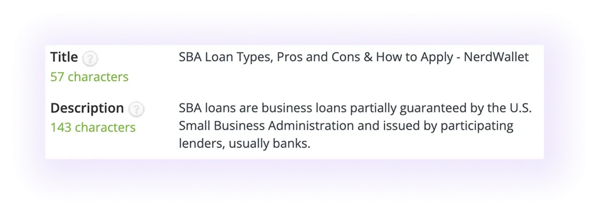 optimized meta title and meta description in a SBA loan blog on a banking website