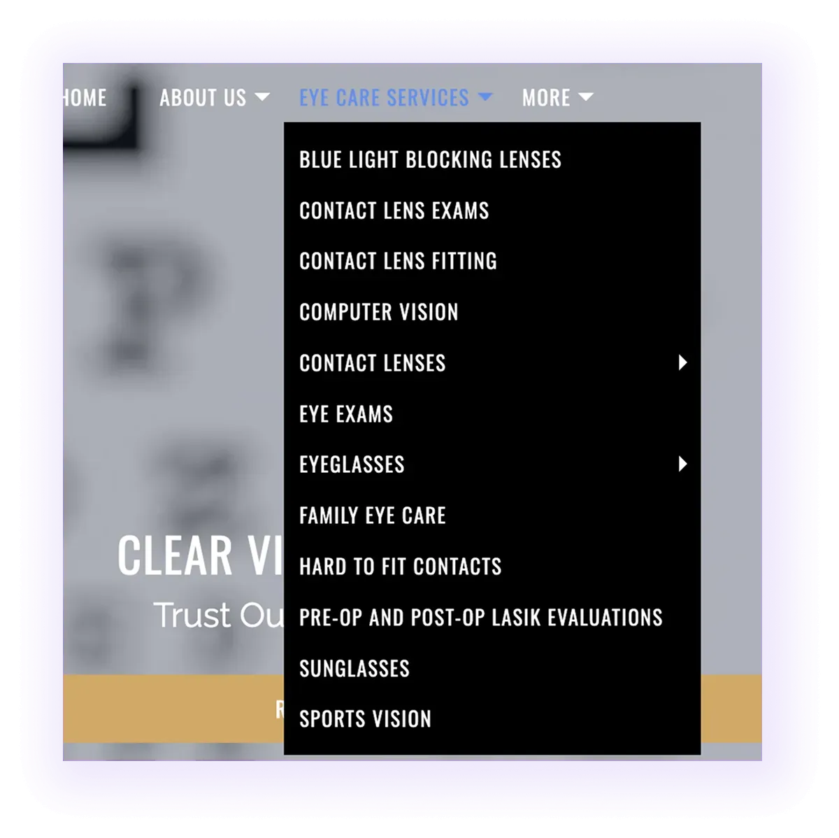 optometry website navigation bar with optometry services drop-down menu