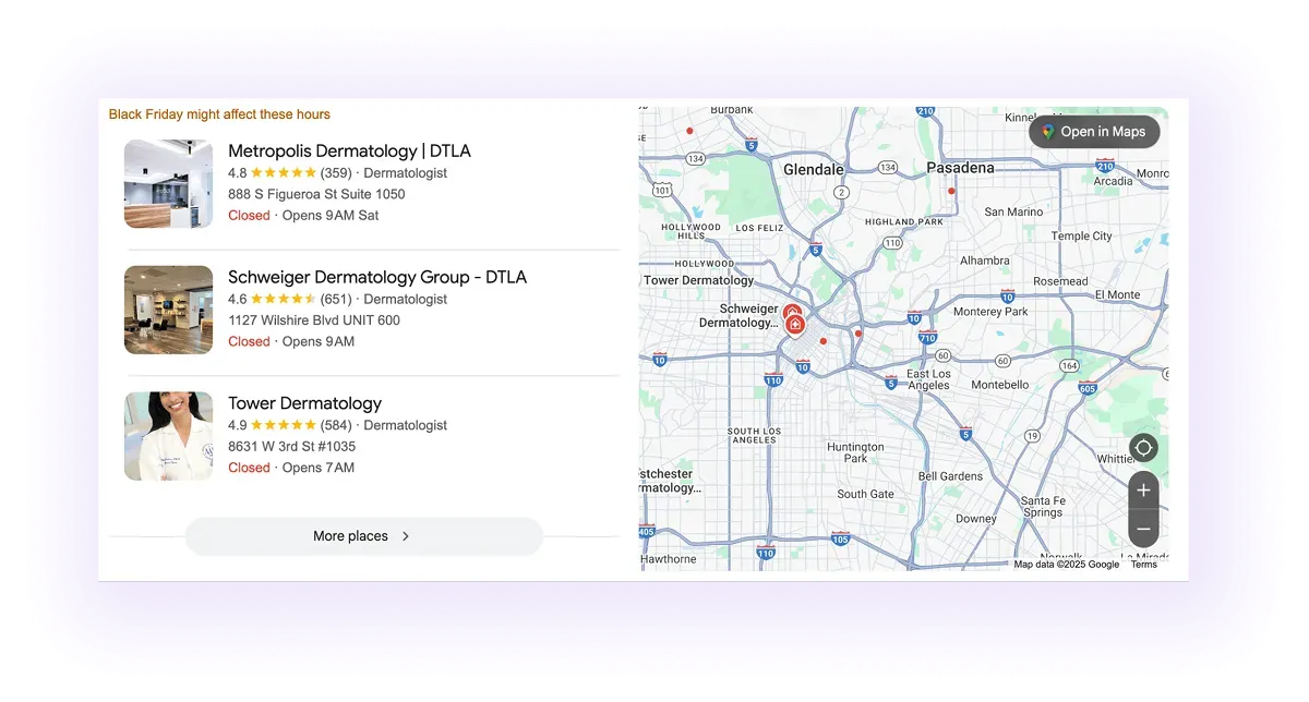 dermatology Google Business Profiles showing up on Google Maps