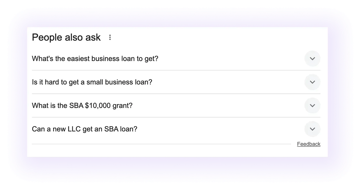 google’s people also ask for "small business loan" keyword